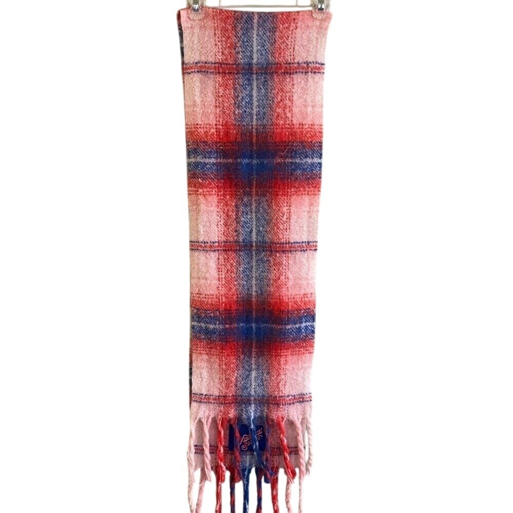 Victoria's Secret Red Blue‎ Pink Barbie Core Plaid Fuzzy Cozy Scarf NWT 48x12